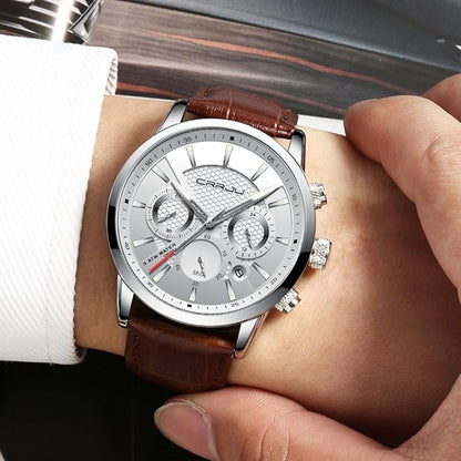 CRRJU Men's Business Casual Chronograph Quartz Waterproof Wristwatch Black Leather Strap