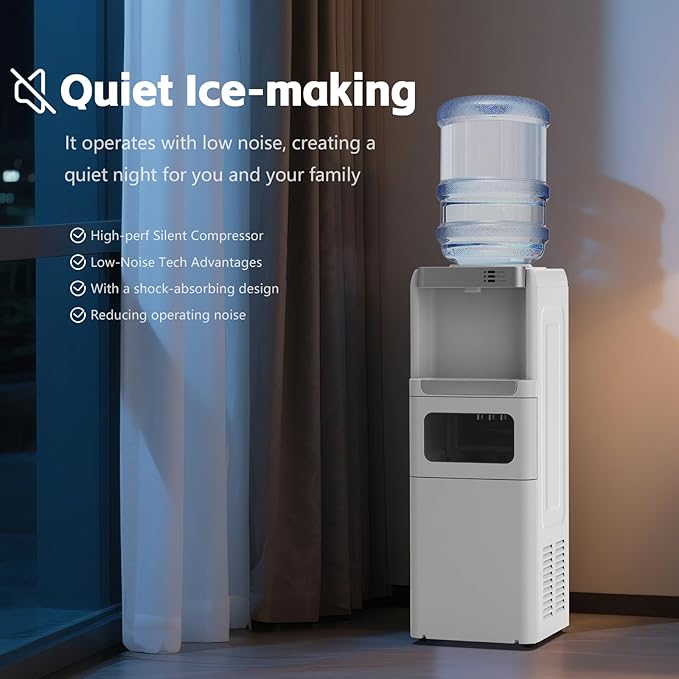 3 in 1 Water Cooler Dispenser with Ice Maker, Hot and Cold Water Dispenser for Home Office, 33lbs/24H, Top Loading 3 or 5 Gallon, Child Lock, Bullet Ice, White
