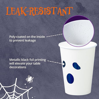 Halloween Disposable Paper Party Cups, Bulk 50 Pack, Leak-Resistant, 12 oz Hot and Cold Cups for Restaurants and Parties, Ghost Face