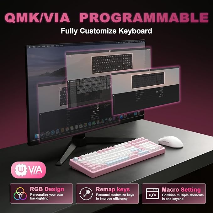 YUNZII AL98 QMK/VIA Wireless Mechanical Gaming Keyboard,Full Aluminum,BT/2.4G/USB-C, Pre-Lubed Hot Swappable Gasket Mount 1800 Layout,RGB Backlit for Win/Mac (Pink, Cocoa Cream V2 Switch)