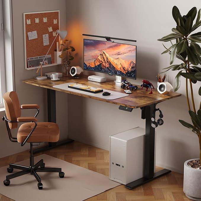 48x24 Inches Height Adjustable Electric Standing Desk with 2 Hooks for Home Office, Ergonomic Sit Stand up Desk with Splice Board, Rustic Brown