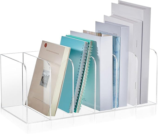 Suzile Clear Acrylic Magazine File Holder with Vertical Compartments Desk Organizer Book Rack for Desk Sorter Paper Folder Office Accessories(Clear,16.1 x 7.2 x 6.5 Inch)