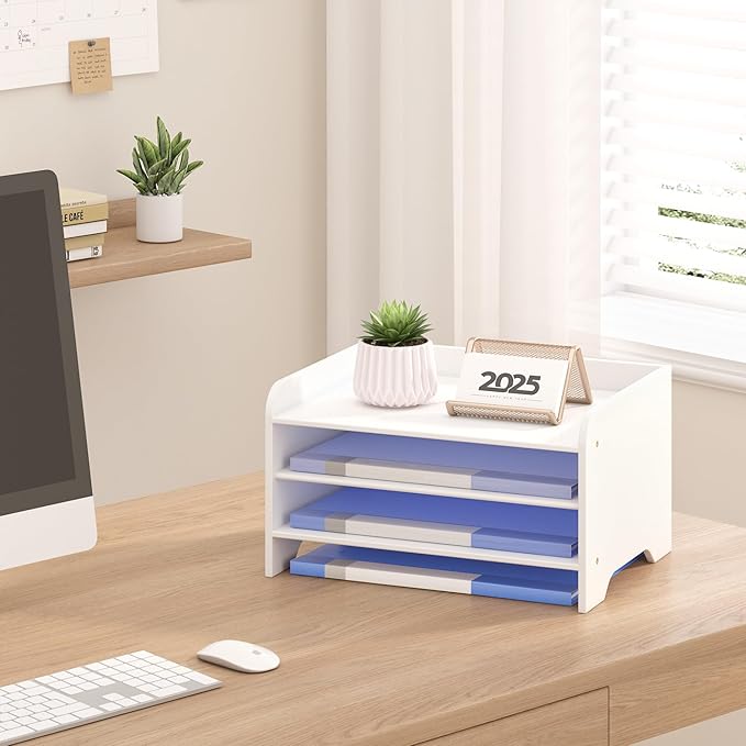 Desk File Organizer 4-Tier Desktop Paper Mail Organizer Document Holder for Home Office Supplies, Office Desk Accessories & Workspace (White)