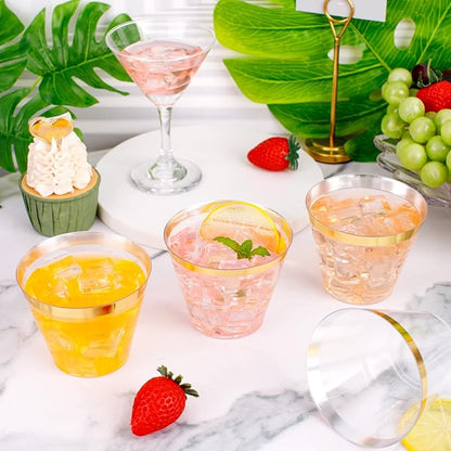 WELLIFE 120 PCS Gold Plastic Cups,9 oz Clear Plastic Cups,Disposable Wine Glasses for Party and Wedding