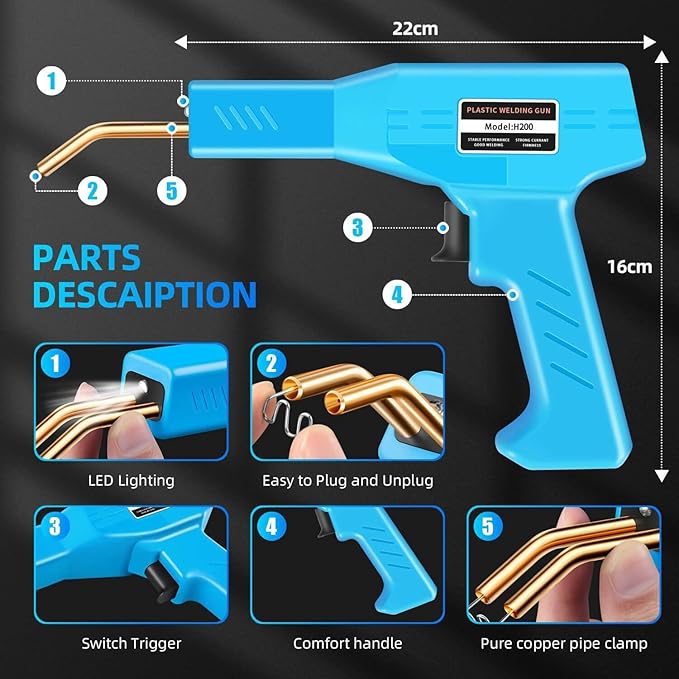 200W Plastic Welder, 2000PCS Staples 10PCS Sandpaper, Plastic welding Kit, Plier Custom Carry Case, Plastic Repair Car Bumper Repair Simplicity Of Use (Blue)