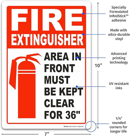 Brimar - 7 x 10" - Fire Extinguisher Keep Clear Sign - 3.5 Mil InfiniStick™ Vinyl Label - Easy Installation - Universal Application