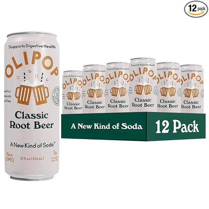 OLIPOP Prebiotic Soda Pop, Classic Root Beer, Pantry Pack Packed with Prebiotics, Fiber, and Botanicals, Gluten Free, Vegan, GMO Free, 12oz Skinny (12-Cans)