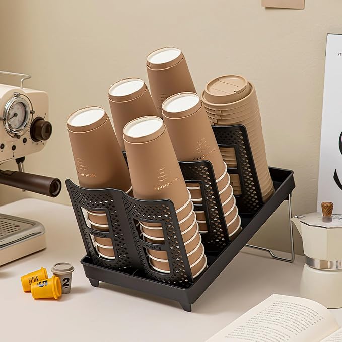 6 Slots Cup and Lid Holder, Disposable Paper Cup Dispenser with Stand, Coffee Cup and Lid Storage Organizer for Coffee Station Bar Office Home Countertop Breakroom Restaurant