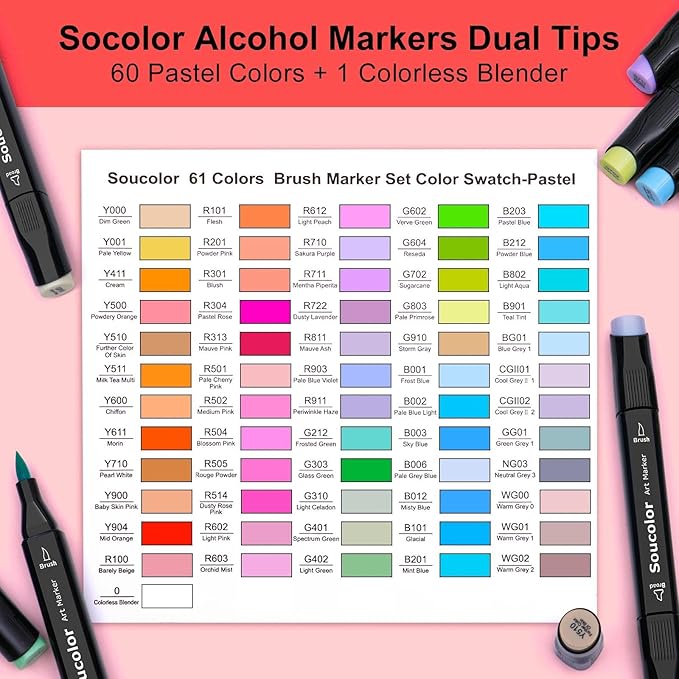 Soucolor 61 Colors Pastel Alcohol Based Markers Set | Professional Dual Tip Art Markers with Brush & Chisel Tips | Includes 1 Blender & Carry Case | For Artists, Adults Coloring, Drawing, Illustration