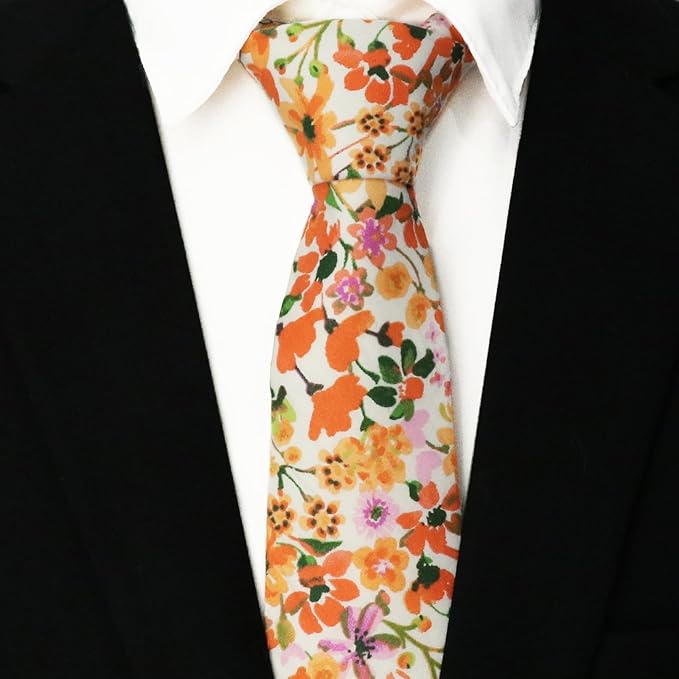 Cotton Floral Ties for Men 2.76" Men's Skinny Tie Linen Flower Printed Neck Tie for Wedding Dating Party