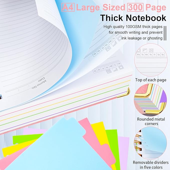Hardcover Spiral Notebook 8.5"x11" Journal Notebook with Tabs and Removable Dividers 300 Pages 5 Subject Notebook College Ruled, Faux Leather Spiral Bound Notebook for Women School Work(Pink)