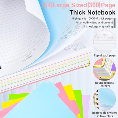 Hardcover Spiral Notebook 8.5"x11" Journal Notebook with Tabs and Removable Dividers 300 Pages 5 Subject Notebook College Ruled, Faux Leather Spiral Bound Notebook for Women School Work(Pink)