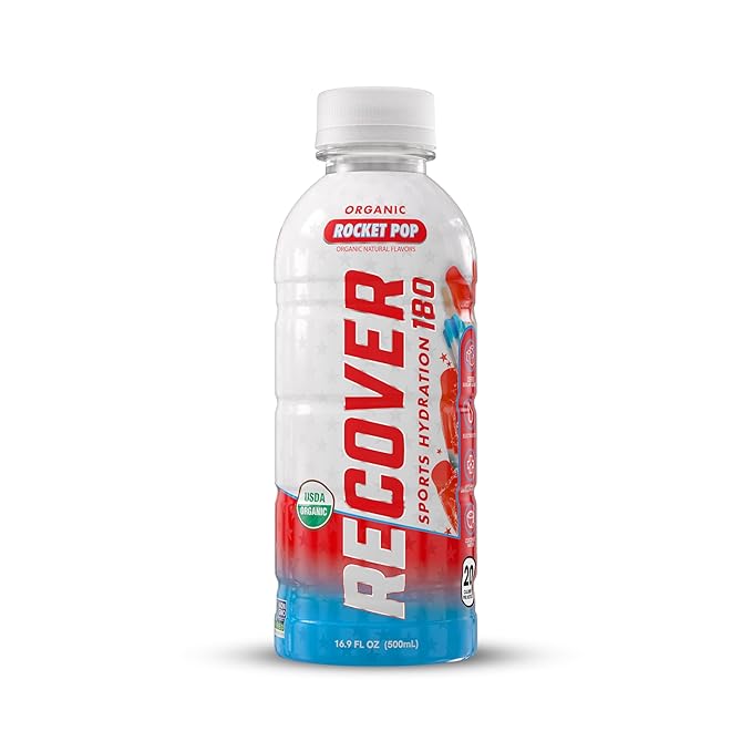 RECOVER 180 Organic Sports Hydration Drink, No Sugar Added, 20 Calorie Sports Beverage, Organic Flavors With Vitamins, Potassium-Packed Electrolytes (16.9 Fl Oz (Pack of 12), Rocket Pop)
