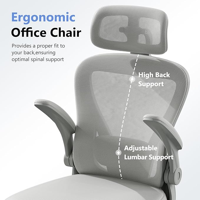Computer Desk Chair, Ergonomic Office Chair M903 with Wheels, High Back Mesh Office Chair with Adjustable Lumbar Support, Headrest, Flip-Up Armrests, All-Grey