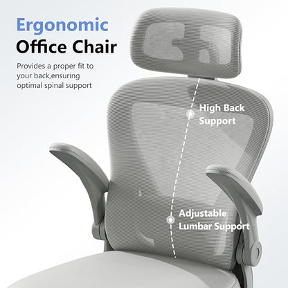 Computer Desk Chair, Ergonomic Office Chair M903 with Wheels, High Back Mesh Office Chair with Adjustable Lumbar Support, Headrest, Flip-Up Armrests, All-Grey