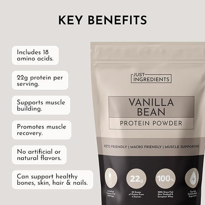 JUST INGREDIENTS Vanilla Bean Protein Powder – 20-Serving Blend with 100% Grass-Fed Whey & Organic Plant Proteins – Real Vanilla Bean & Cinnamon – Supports Muscle Recovery, Energy*