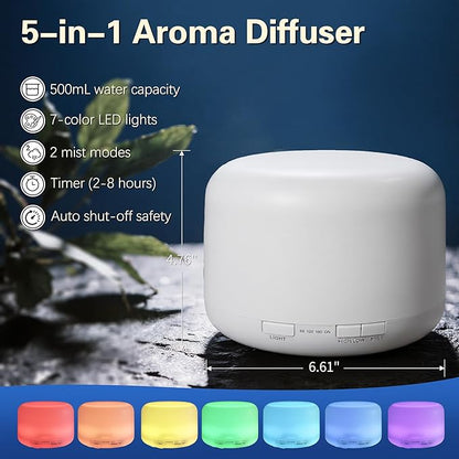 500ML Essential Oil Diffuser, Humidifiers for Bedroom, Office, Scent Diffuser for Home Hotel Spa Yoga Room with Remote Control, 7 LED Colors Light, Timer and Auto-Off Switch -White Bottom