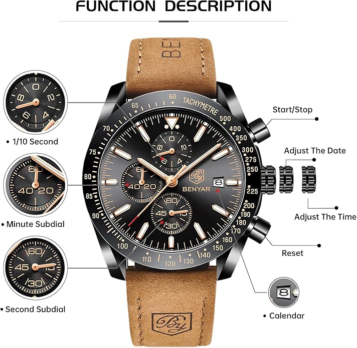 BY BENYAR Watch for Men Analog Quartz Chronograph Waterproof Luminous Designer Mens Wrist Watches Business Work Sport Casual Dress Watch with Silicone Strap Elegant Gifts for Men