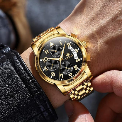 OLEVS Men's Stainless Steel Chronograph Watch, Big Face Gold Silver Black Tone Easy to Read Analog Quartz Watch, Luxury Waterproof Date Diamond Roman Arabic Numerals Dial Dress Watch for Men