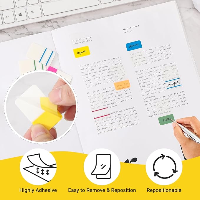 EUSOAR Sticky Tabs, 480 Pcs 1x1.6 Inch Multi-Colored Page Markers Sticky Index Transparent Flags Tabs Strip, Repositionable Labels Self Adhesive Flags Tab Strip for Binders Notebook Folders