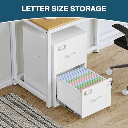 MIIIKO 2 Drawer Filing Cabinet with Lock, Metal Vertical File Cabinets for Home Office, Lockable File Storage Cabinets Under Desk, Letter/A4 File Folders Storage（White-Assembly Required