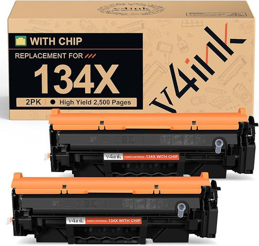v4ink 134X 134A Black Toner Cartridge Replacement for HP 134A W1340A 134X W1340X Black High-Yield 2,500 Pages for HP LaserJet M209dw MFP M234dw M234sdw M234sdn Printer (with CHIP, 2 Pack)