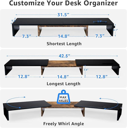 Dual Monitor Stand Riser for 2 Monitors, Monitor Stand for Desk, Adjustable Length Swivel Angle Wooden Desktop Organizer Stand Riser with Smartphone Holder for PC Monitor, Rustic Brown
