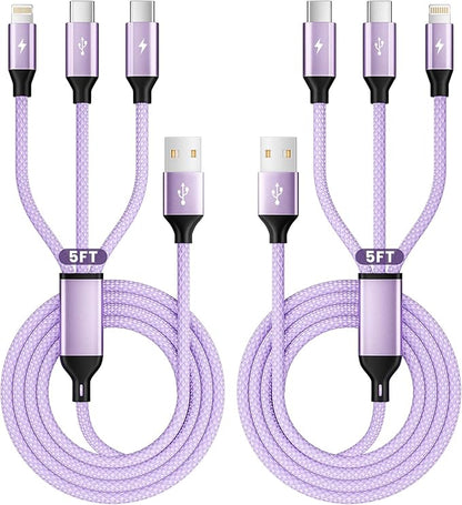 2Packs 4FT Multi Charging Cable with 2 USB-C/IP Port, Purple Charging Cords for Multiple Devices, USB C Splitter Cable, Universal Charger Cord Car Accessories for iPhone17-8, Androids iPad and More