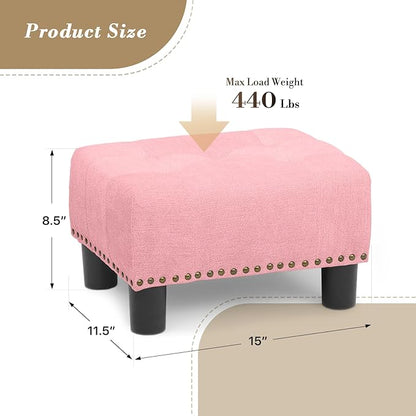 Athena Collection Small Ottoman Foot Rest with Legs, Linen Fabric Ottoman Foot Stool with Soft Padded seat, Square Footstool FootRest for Living Room, Bedroom, Office, Pink