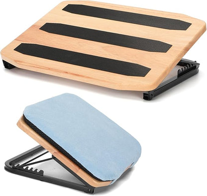 Under Desk Foot Stool Wood-Adjustable Ergonomic Foot Rest- 7 Adjustable Angles Wood Desk Footrest, Under Desk Foot Rest for Office Leg Rest - Natural-with Blue Cushions