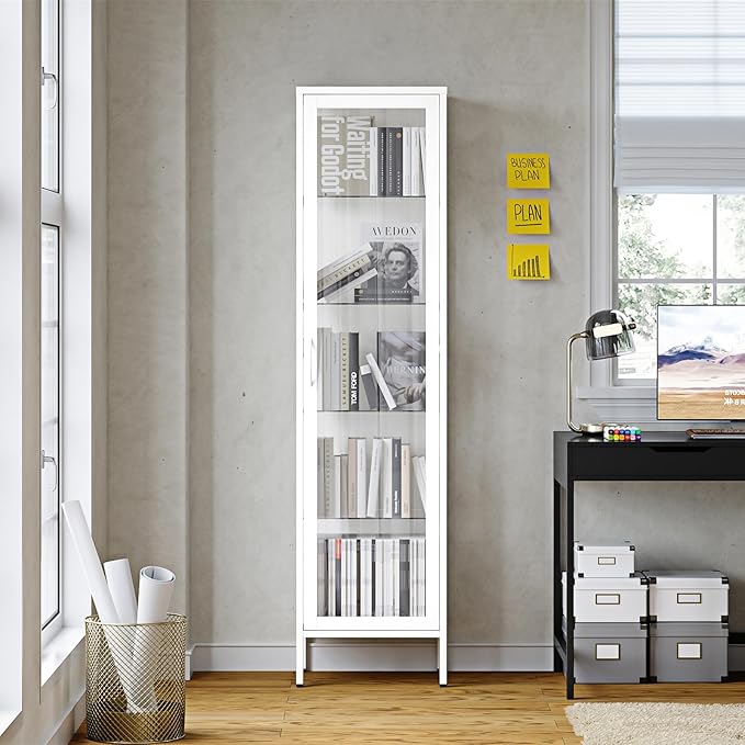 Display Storage Cabinet with Glass Doors, 71 Inches Metal Curio Cabinets with 4 Adjustable Shelves, HD&Tempered Glass Cabinet Display Case for Home, Office, Pantry, Assemble Required (White)