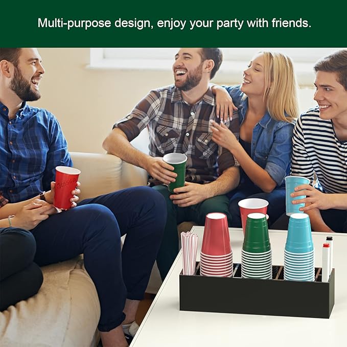 Triple Cup Holder with Marker Slot, Party Cup Dispenser Acrylic Cup Organizer Mark Your Cup and Drink Up Caddy Modern Bar Counter Decor, Black