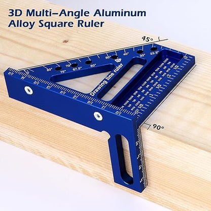 3D Multi-Angle Measuring Ruler -Precision Woodworking 3D Square Protractor 22.5-90 Degree and Miter Triangle Ruler - Aluminum Alloy Drawing Line Ruler for Engineer Carpenter and Craftsmen Blue