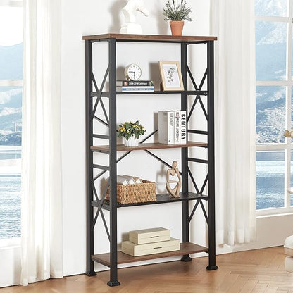 HOMBAZAAR 5 Tier Bookshelf, Tall Book Shelf with Metal Frame and Open Shelves, Rustic Bookshelves and Bookcases, Heavy Duty Bookcase for Living Room, Bedroom and Home Office, Brown