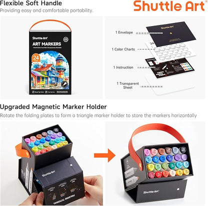 Shuttle Art Brush Tip Alcohol Markers, Dual Tip Brush & Fine Tip Art Marker Set, 24 Colors Marker Pens with Case Perfect for Illustration Kids Students Adults Coloring Sketching