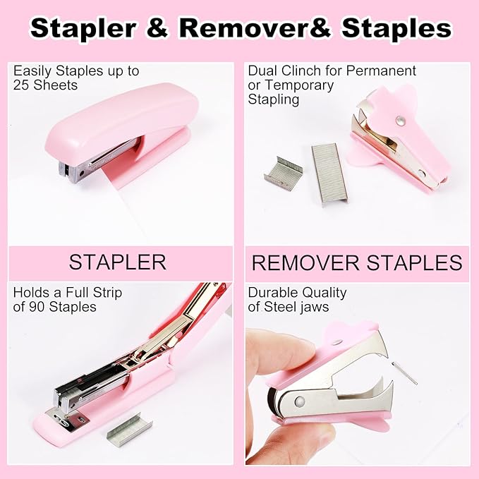 Desk Organizers and Accessories Set with 360-Degree Rotating Pen Holder, Tape Dispenser, Stapler, Staple Remover, 1000 Staples, Tape, Clips Set, Ruler, Scissor, Pen (Pink, 10 Pcs Set)