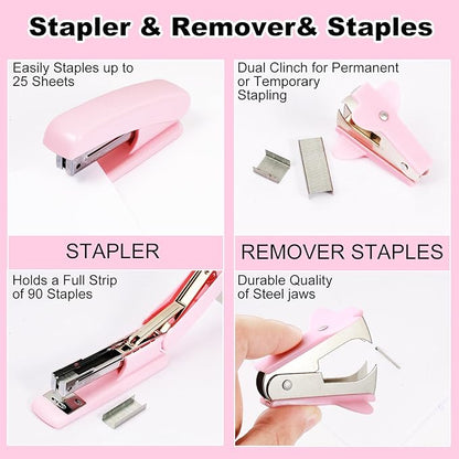 Desk Organizers and Accessories Set with 360-Degree Rotating Pen Holder, Tape Dispenser, Stapler, Staple Remover, 1000 Staples, Tape, Clips Set, Ruler, Scissor, Pen (Pink, 10 Pcs Set)