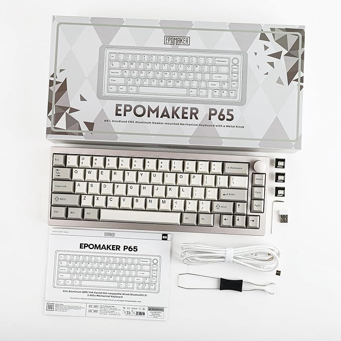 EPOMAKER P65 QMK/VIA Wireless Aluminum Gaming Keyboard, Gasket-Mount, Bluetooth/2.4Ghz/USB(A to C), Hot Swappable, N-Key Rollover, for Mac/PC/PS/Xbox (Khaki, Zebra Switch)
