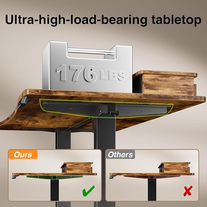 Veken 55"×27.6" Ergonomic Standing Desk with Drawers, Adjustable Height Home Office Desk with Monitor Riser, Computer Table for Work, Study, Gaming, Reading, Brown