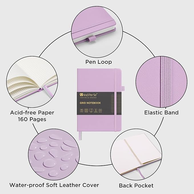 160 Pages, A5 5.7 x 8 inches 100 gsm Thick Paper Notebook Journals for Writing, Grid Hardcover Notebook(1 Pack, Lavender)