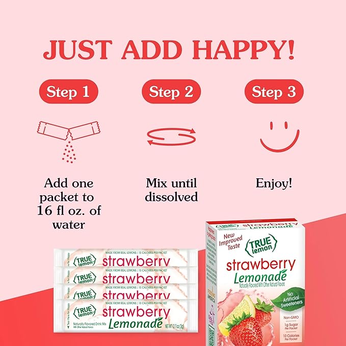 True Lemon Strawberry Lemonade Drink Mix, Made from Real Lemons, Low Calorie, Low Sugar, Lemonade Drink Mix, 10 Count, 1.06 oz (Pack of 12)