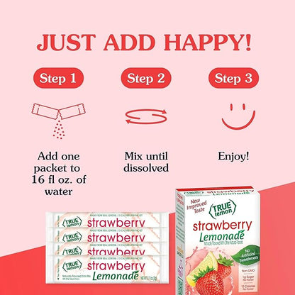 True Lemon Strawberry Lemonade Drink Mix, Made from Real Lemons, Low Calorie, Low Sugar, Lemonade Drink Mix, 10 Count, 1.06 oz (Pack of 12)