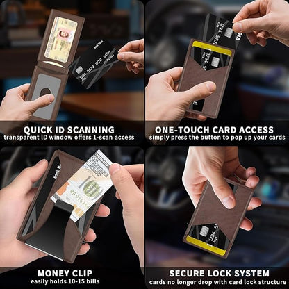 Wallet for Men Slim RFID Blocking-Metal Smart Pop-Up Credit Card Holder with 2 ID Windows, Holds 8-10 Cards,Bifold Minimalist Front Pocket Wallet & Money Clip,Men's accessories (Coffee)
