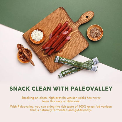 Paleovalley 100% Grass Fed Venison Sticks – 10 Pack – Keto-Friendly, High Protein, Low-Calorie Snack – Omega-3 Rich, Gluten-Free, Nitrate-Free, Naturally Flavored – Healthy On-the-Go Meat Snack