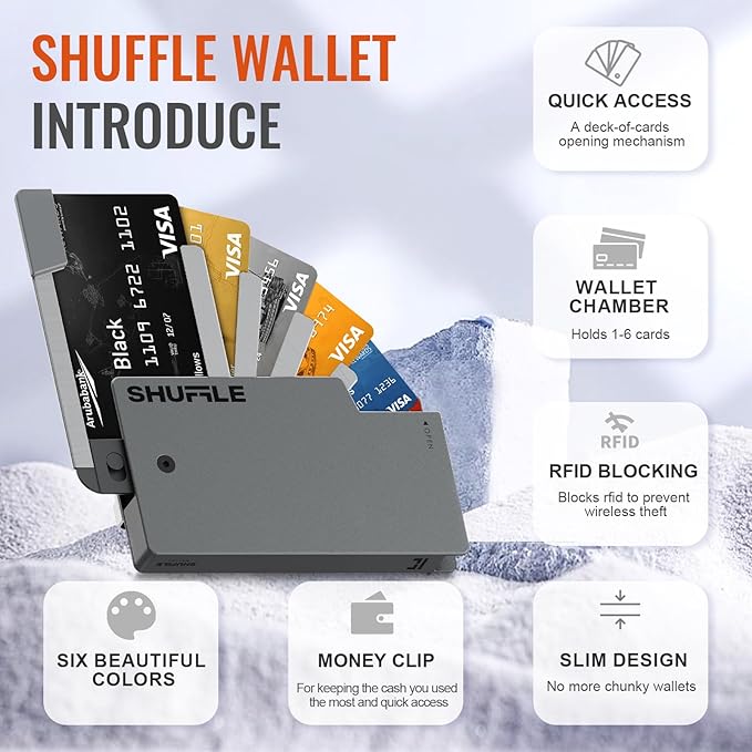 Men's Wallet - Shuffle Wallet with Deck-of-Cards Opening, RFID Blocking, Slim Design, Aluminum Card & Money Clip Wallet, Holds 6-8 Cards, Wallet with Gift Box (Gunmetal)