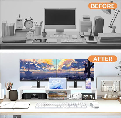 Dual Monitor Stand Riser with LED Lights and Phone Tablet Holder, 35.8in Large Monitor Stand for Desk, Computer Monitor Stand for 2 Monitors, Desktop Shelf Organizer for Laptop, Printer, TV