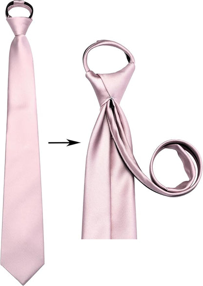 Branduce 3.15"（8cm） Pre-tied Adjustable Zipper Tie and Lapel Pin Solid Necktie Handkerchief Set for Men