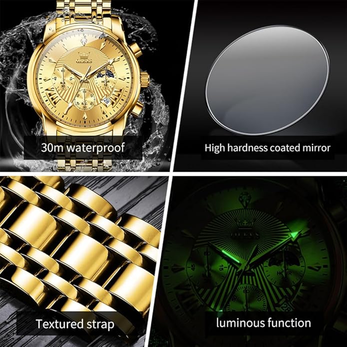 OLEVS Men's Luxury Watch Waterproof Luminous Easy Read Chronograph Watches Full Gold/White Dail/Black Face with Calendar Wristwatch