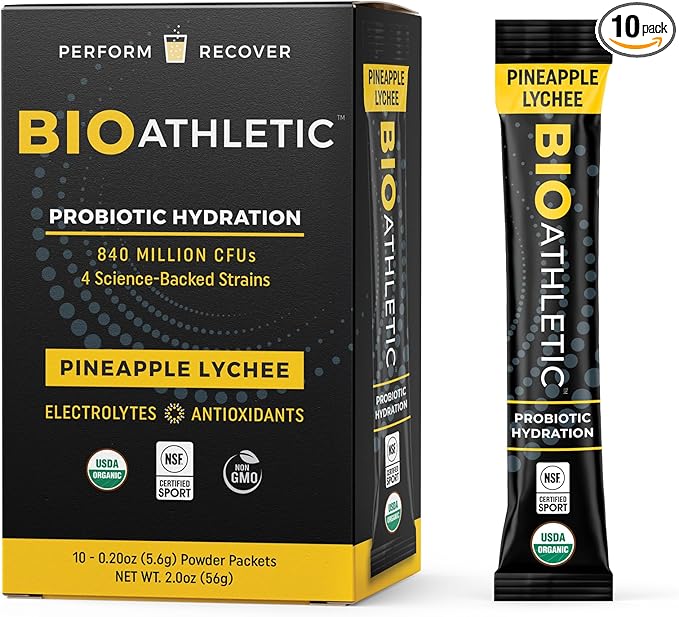 Probiotic + Electrolyte Hydration Drink Mix, with Vitamins D & B12, USDA Organic, NSF Certified for Sport, Subtle Pineapple Lychee Flavor, Naturally Light Taste, 10 Sticks