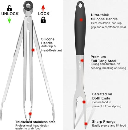 BBQ Grilling Accessories, 3Pcs Stainless Steel Grill Tools Accessories Set with Spatula, Fork and Tongs, Barbecue Utensils Grilling Tools for Outdoor Camping, Heat-Resistant Silicone Handle